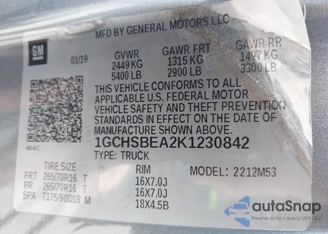 2019 Chevrolet Colorado Wt z USA, uszkodzony, nr VIN 1GCHSBEA2K1230842